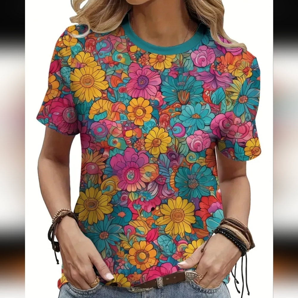 NEW Colorful Floral Women's Short Sleeve Top XXL